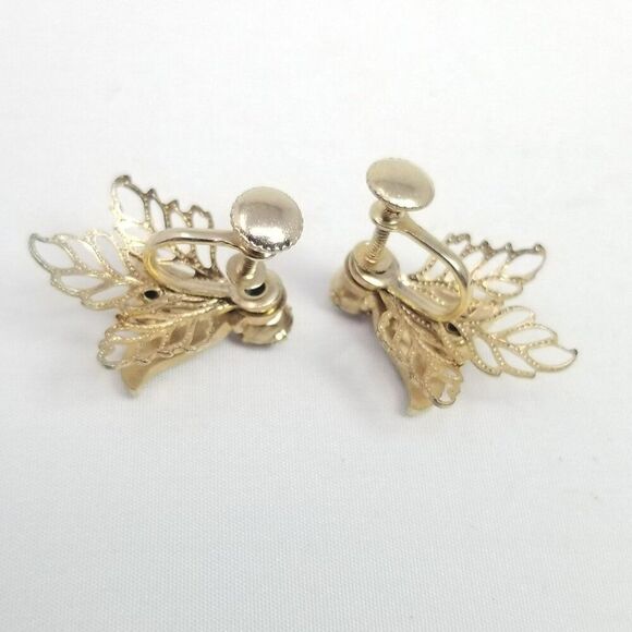 Vintage Red Enamel and Gold Tone Filigree Clip On Earrings, Screw Backs, Estate - Picture 3 of 6